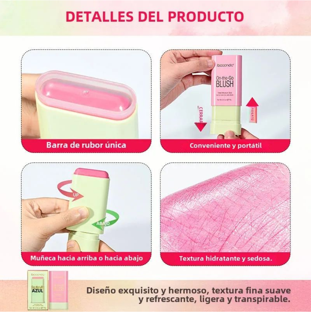 On-the-Go Blush Stick - Barra Hidratante 3 en 1 para Ojos, Labios y Mejillas.
