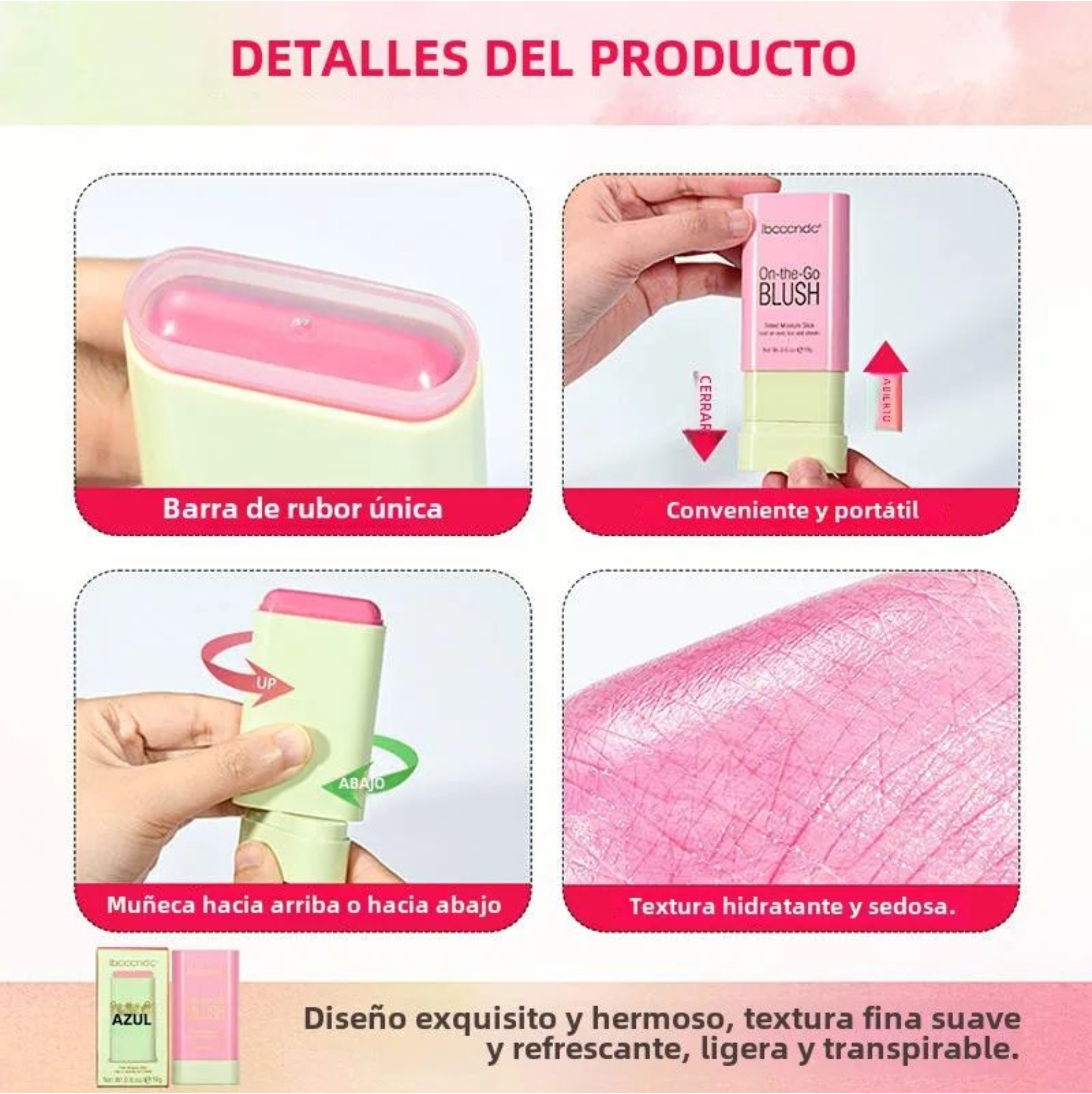 On-the-Go Blush Stick - Barra Hidratante 3 en 1 para Ojos, Labios y Mejillas.