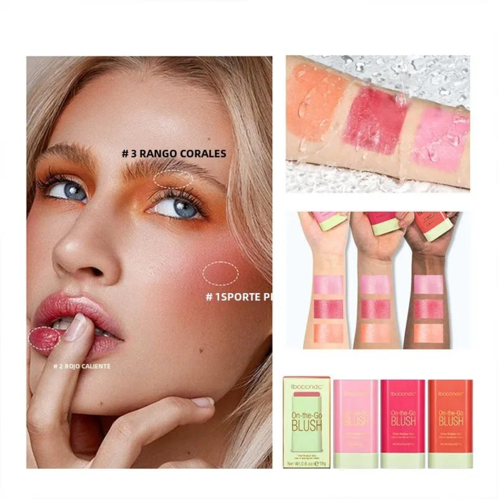 On-the-Go Blush Stick - Barra Hidratante 3 en 1 para Ojos, Labios y Mejillas.