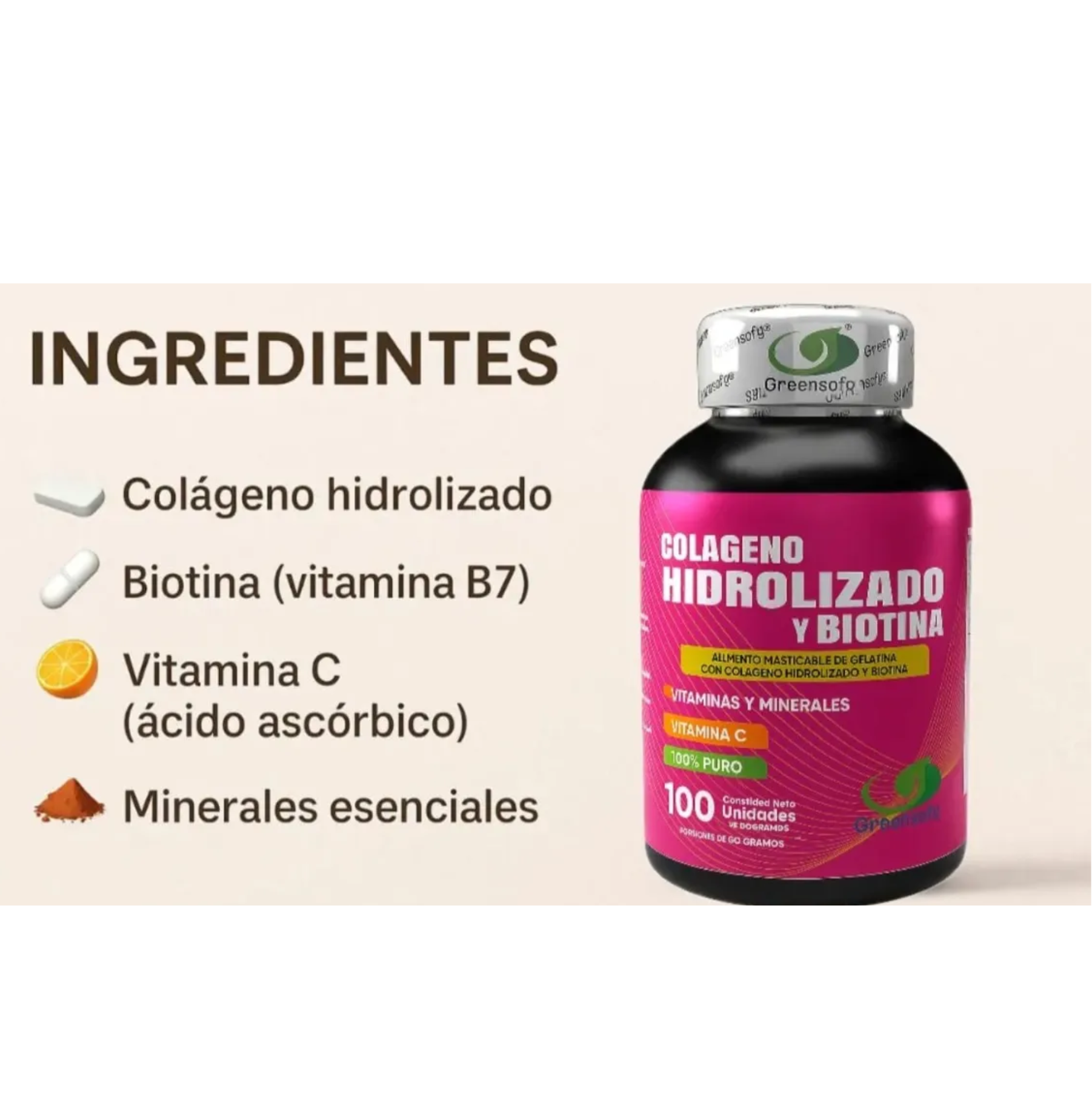 Colágeno Hidrolizado + Biotina y Vitamina C (100 Unidades) - Greensofy X2