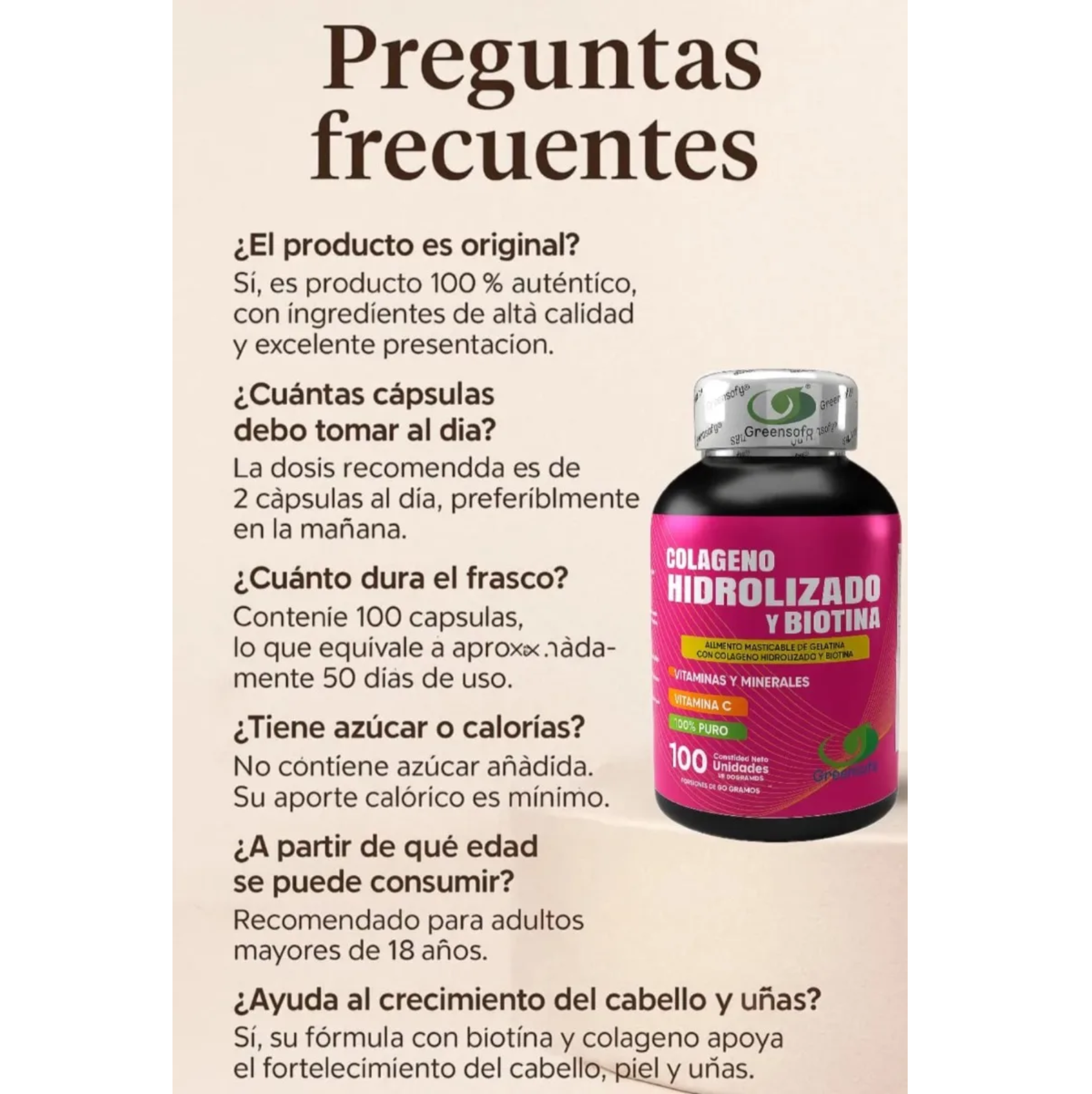 Colágeno Hidrolizado + Biotina y Vitamina C (100 Unidades) - Greensofy X2